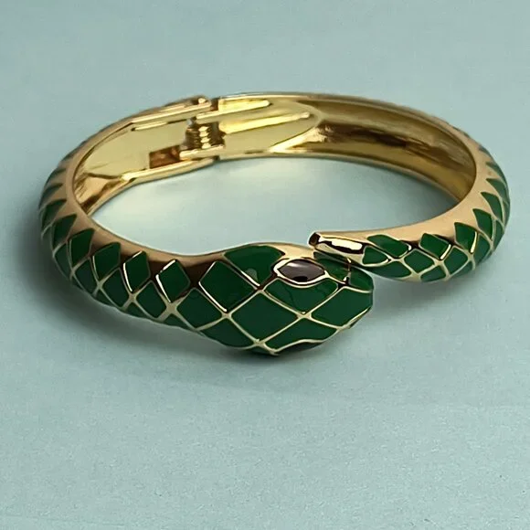 Serpenti Snake Enamel Hinged Cuff Bracelet Cut Diamond Emerald Green Gol… - Picture 5 of 7
